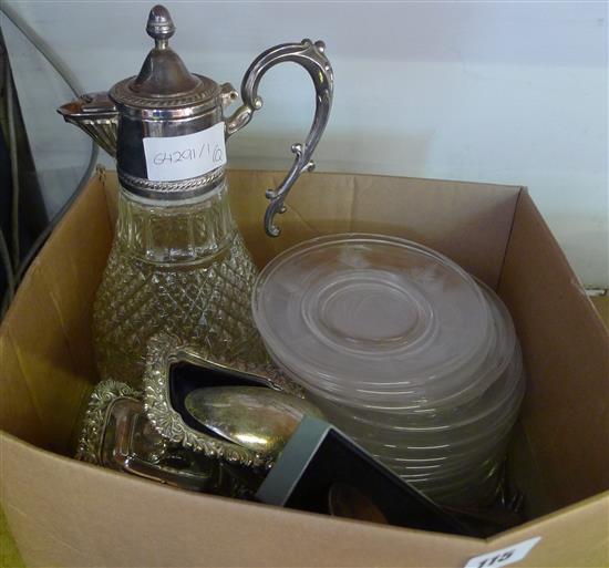 2 silver heart shaped dishes, silver claret jug, glassware, plated ware